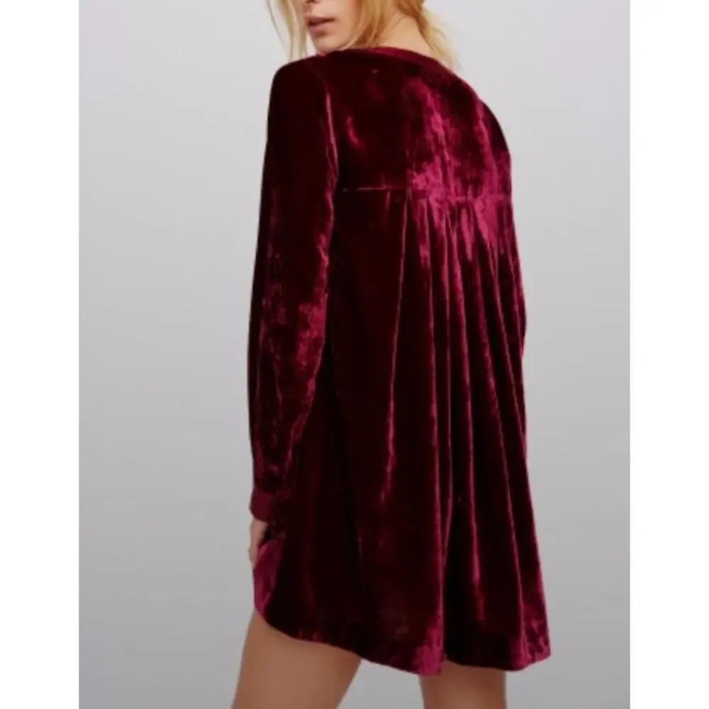 Free People Women's Choose Me Velvet Mini Dress Burgundy Babydoll Boho Size M